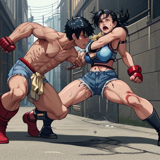 a male streetfighter is beating a female streetfighter's body so hard in the backstreet. a bloody beautiful Japanese female fighter is being punched terribly by a male fighter. She is slammed on the ground by the male. Blood is dripping from her nose. She is covered in scars and bruises. she is damaged terribry. Short-cut black hair, out of breath, drooling from mouth, one eye closd, crying, exhausted, drenched in sweat. Erect nipples. open finger glove. bra-top, denim shorts