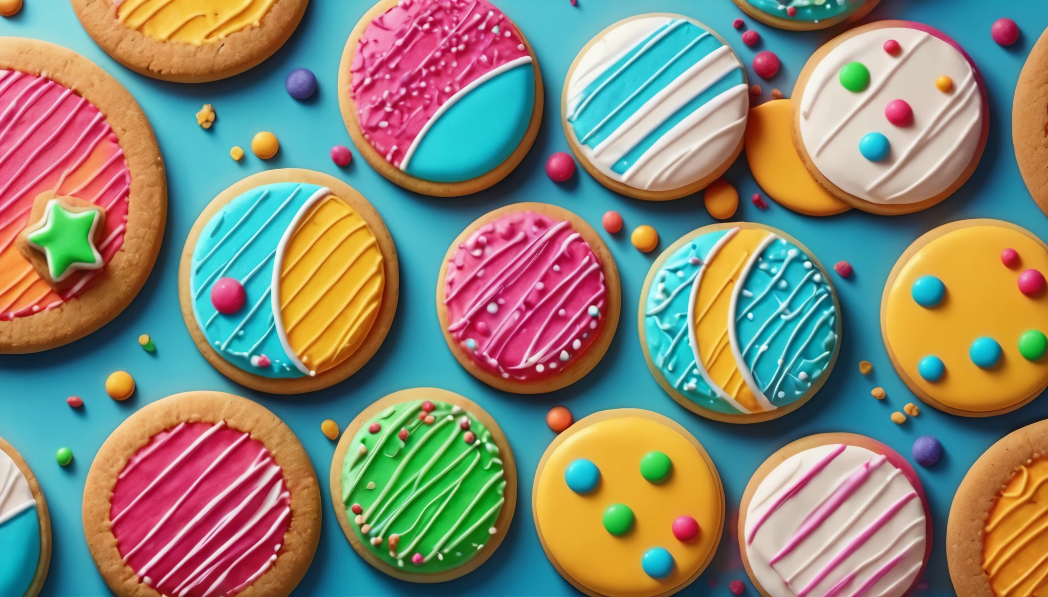 a delicious colorful cookies on a plain background, detailed realistic textures, 4k, high resolution, photorealistic, vibrant colors, perfect reflection, studio lighting, intricate details, mouth-watering
