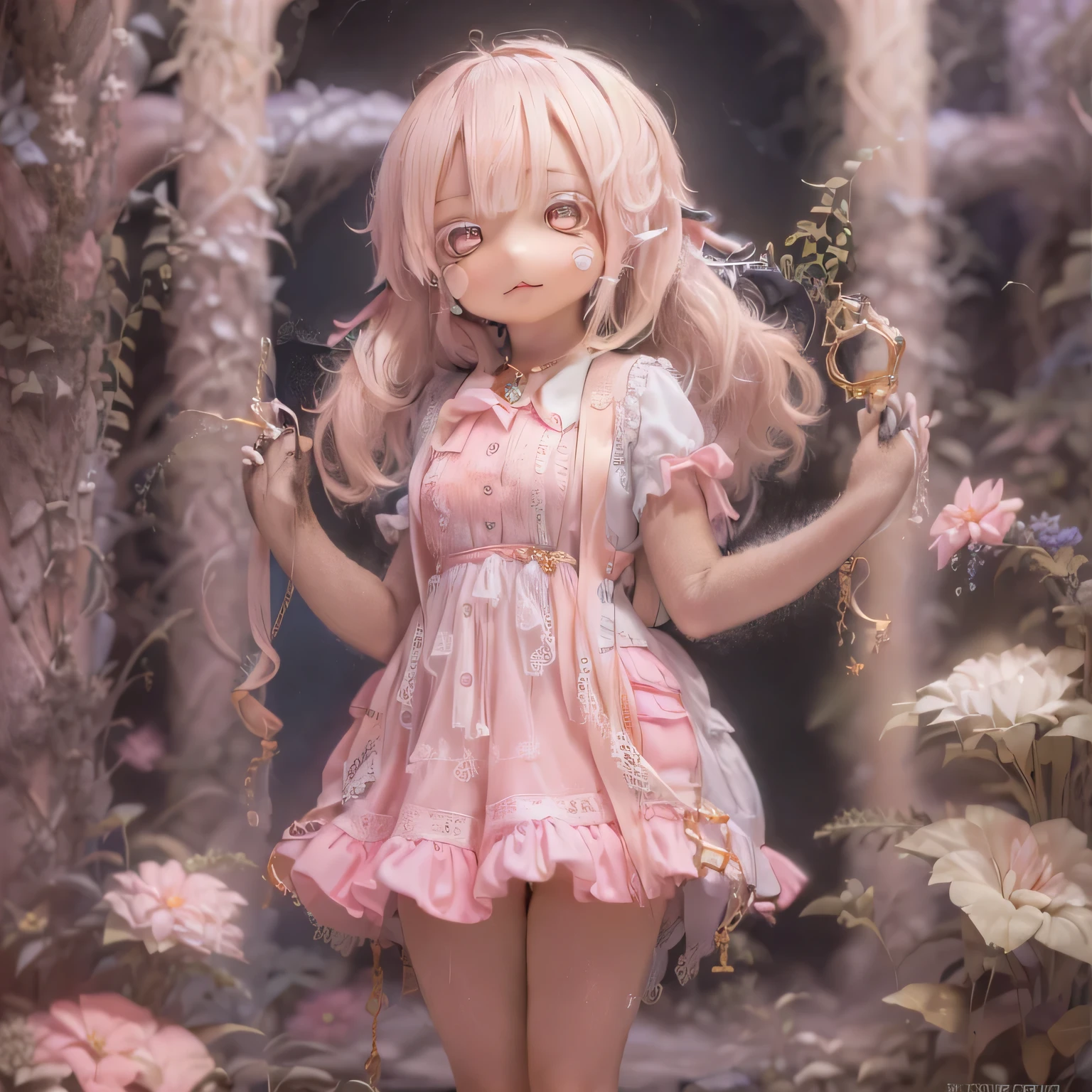 in the garden, Smiling girl, Similar to Nanachi from Made in Abyss. She is beautiful, Beautiful eyes and lips. girl (((Chibi Style,))) . Image quality is excellent, Highly detailed and realistic features. The medium of this work is、Combining illustration and photorealistic rendering.. The colors are vivid、The lighting creates a warm and bright atmosphere。 whole body(((((Cute pink dress)))))Contrasting cute poses