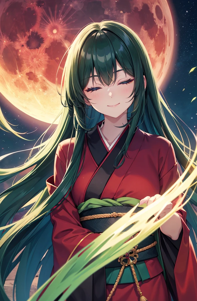 Blue eyes, dark dark green hair, dark green hair color, voluminous dark green hair, voluminous dark green hair, long straight hair,
both eyes closed, eyes closed, dressed like Basilisk Oboro,
Plain dark purple kimono,
red obi clasp,
voluminous dark green hair,
Jet-black night sky, large red full moon in the sky
Big red full moon in the sky,
Walking in the wilderness at night, with eyes closed
Both eyes closed

Big red moon, moonlight, focus on face, fresh smile, big droopy blue eyes