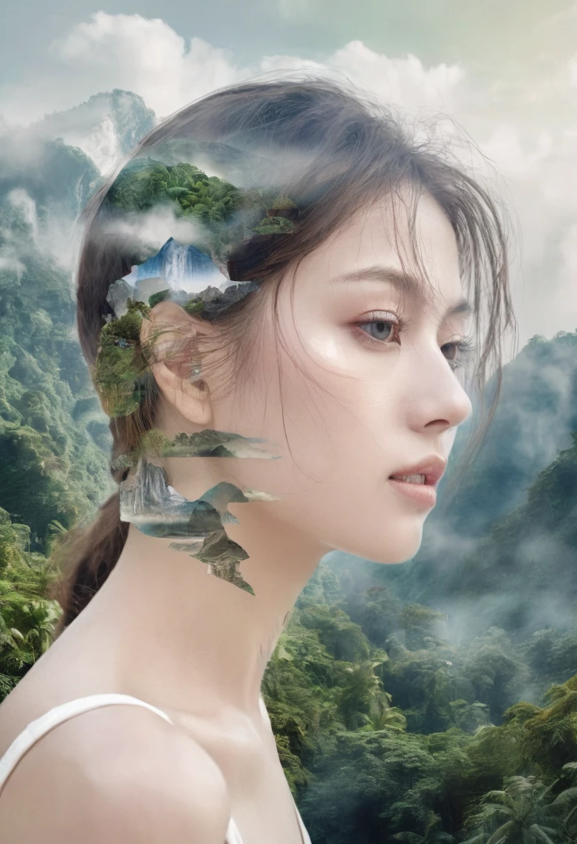 Dubrec style, Girl more transparent face, side view, more close-up, beautiful close-up of transparent and faded face, Dense Jungle Mountains with waterfall image foreground (multiple exposure:1.8),Complex illustrations in surrealist art style, Surreal dreams. woman with beautiful eyes, should be side view, detailed lips, and long eyelashes, surrounded by lush jungle mountains in the foreground, multiple exposure effect, complex surrealist style illustration, surreal dreamlike atmosphere, cinematic lighting, highly detailed, hyper realistic, 8k, masterpiece, Dubrec style,Girl transparent face close-up,Beautiful close-up of face,Jungle Mountains image foreground (multiple exposure:1.8),Complex illustrations in surrealist art style,Surreal dreams