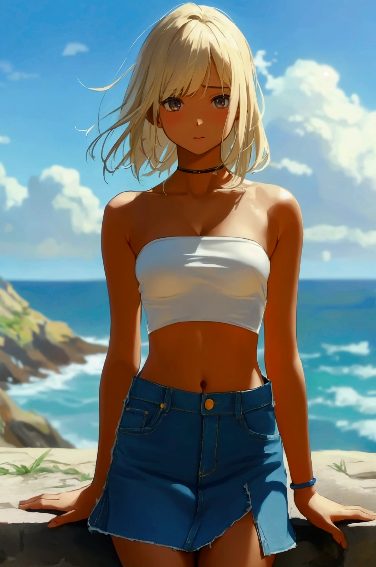 ((girl),young,(masterpiece,Highest quality),Upper body naked,Completely naked,((stomach)),Completely naked,belly button,(Short tube top),A very short denim mini skirt,(Tight and too small)(Micro Denim Mini Skirt)(Broken zipper),Spread your legs,Spread your legs,The skirt is blown up by the wind,Strong winds,(No underwear),No underwear,(barefoot),(Raw wrists),blonde Hair,寄せ乳,(underboob),Big Breasts,(Cleavage),coastal,Standing posture,Brown Skin,sit,Sit with legs wide open,Men's sitting position