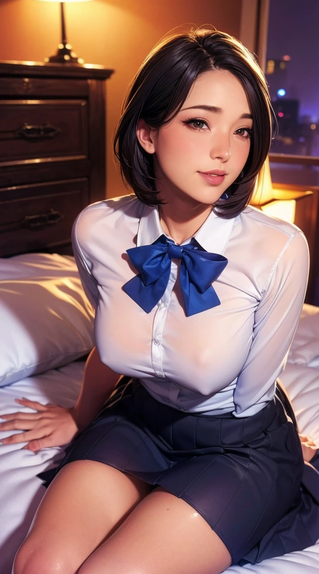 (8k, RAW Photos, Highest quality, Master:1.2), (Realistic, photo-Realistic:1.37), Super detailed, 1 girl, cute, alone, Beautifully detailed skies, Detailed face, night, Sitting, Date, (blush), (smile: 1.1), (shut up), Big Breasts, Beautiful and delicate eyes, Button unbuttoned, (Collared shirt: 1.1), bow tie, Pleated skirt, (short hair: 1.2), Flowing Hair, Long eyelashes, eye shadow, Small face, Big eyes, Full Body Shot, Exposing shoulders, indoor, bed