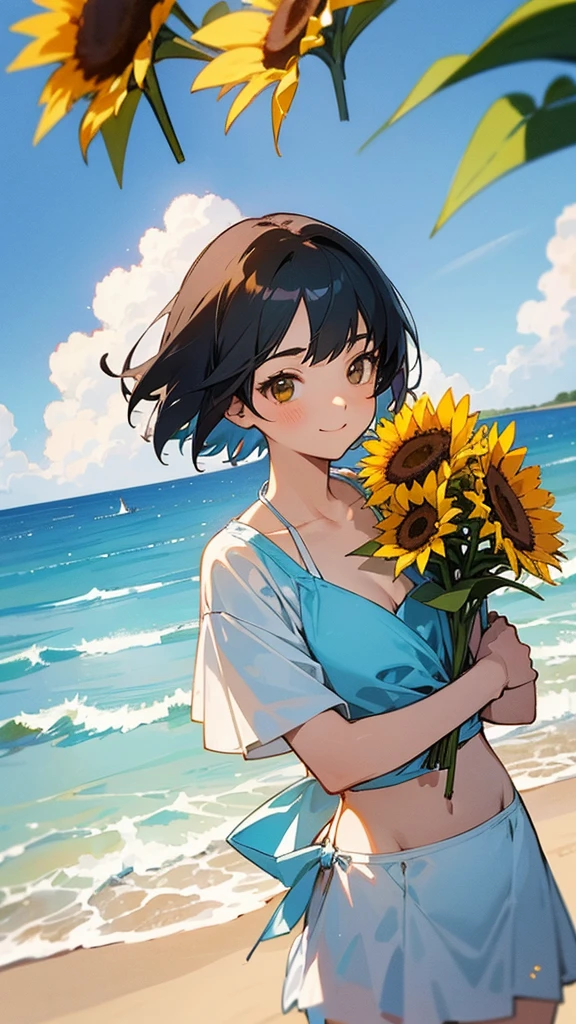 master piece, best quality, for below, cinematic angle, upper body , pigeon toed,
Anime-style Moe illustration, summer vacation theme, 20-year-old 4womans holding a bouquet of sunflowers, short hair,
bikini, slightly inner thighs, smile, accurate drawing, Active pose, Active Angle,