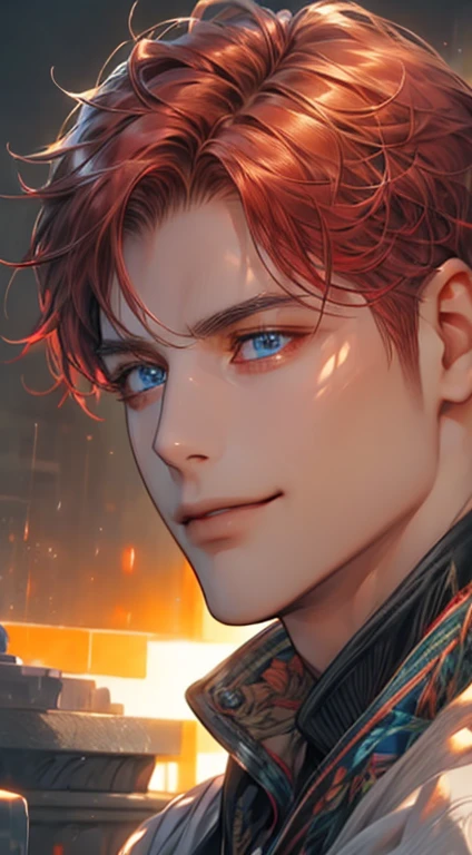 (best quality,4k,8k,highres,masterpiece:1.2),ultra-detailed,(realistic,photorealistic,photo-realistic:1.37),1 man,31 years old,mature man,very handsome,without expression,smile,short grey red hair,blue eyes,penetrating gaze,perfect face without errors,imposing posture,businessman,office background,cinematic lighting,hdr image
