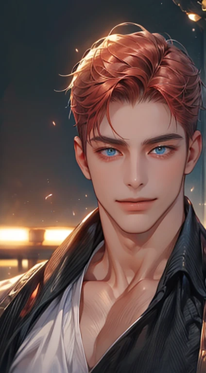 (best quality,4k,8k,highres,masterpiece:1.2),ultra-detailed,(realistic,photorealistic,photo-realistic:1.37),1 man,31 years old,mature man,very handsome,without expression,smile,short grey red hair,blue eyes,penetrating gaze,perfect face without errors,imposing posture,businessman,office background,cinematic lighting,hdr image