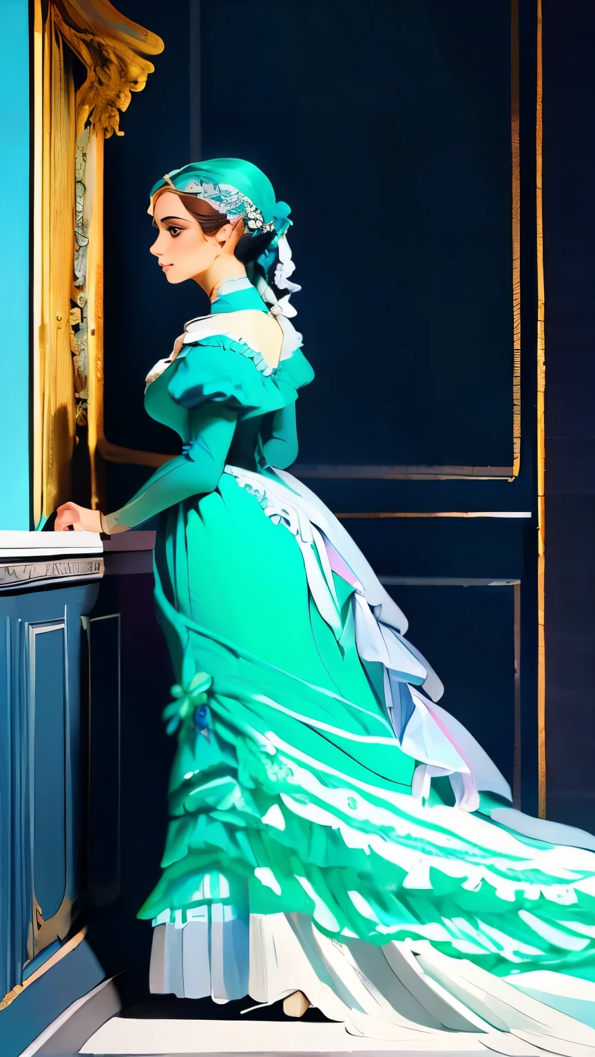a painting of a woman in a blue dress standing on a ledge, a fine art painting by Louise Catherine Breslau, trending on cgsociety, fantasy art, victorian blue dress, intricate victorian dress, in victorian aristocrat, a beautiful victorian woman, fantasy victorian art, dressed beautiful gown, beautiful detailed elegant, victorian dress, beautiful detail and color