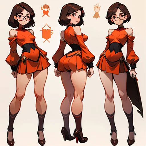 draw a girl with a round face with soft and defined cheeks, light-toned skin with a slight blush on the cheeks, large and expressive eyes, dark brown. He wears thick black framed glasses. Bushy and well-defined eyebrows, dark brown in color. Nose Small and slightly upturned. Lips Medium thickness, usually in a neutral or slightly smiling expression. Dark brown hair, short and straight, with straight bangs that reach just above the eyebrows. The hair falls just above the shoulders. Body Constitution Slightly curvy, with a robust but well-proportioned body. Chest Of moderate size. WaistRelatively defined, without being extremely narrow. hips wider than waist, giving an hourglass shape Legs Of medium length, with well-proportioned thighs and calves. Small and delicate hands
dressed in a orange and red erotic Lingerie transparent Short red skirt. Long orange socks that reach mid-thigh. and Brown Mary Jane type shoes.
(Full body) (((character sheet)))