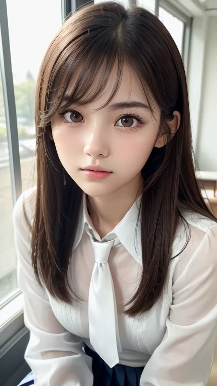Highest quality, masterpiece, 8k, Perfect body, beautiful girl:1.4,18-year-old, Medium Hair, (bangs, Shiny Hair), Center of chest:1.5,White Uniform, (White see-through shirt, Long sleeve, tie, ), ((Pleated skirt)), Highly detailed face, Highly detailed skin texture,Very cute face, ((Fair skin, light makeup, Thin eyebrows, Thin eyebrows, Young Face)), Delicate eyelashes,Looking into the camera, (Natural look, Close your lips), Kneel, Slender body, (Beautiful shape), knees, Thighs, White floor, Professional Lighting, Bright room, Innocent, Neat and clean high school students