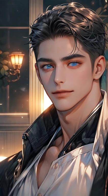 (best quality,4k,8k,highres,masterpiece:1.2),ultra-detailed,(realistic,photorealistic,photo-realistic:1.37),1 man,31 years old,mature man,very handsome,without expression,smile,short grey black hair,blue eyes,penetrating gaze,perfect face without errors,imposing posture,businessman,office background,cinematic lighting,hdr image