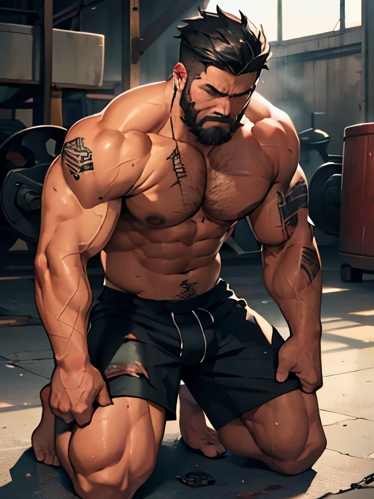 Black short hair，Short beard，Muscle strength，Full of scars，Bloody wounds all over，Thick chain around throat，Kneeling on the ground，frown，Expression of pain and humiliation，factory，4K，Highest detail，Worn-out sports shorts，Pink nipples，Topless