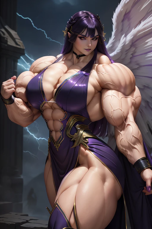 (Close-up), tall, (violet purple hair) beautiful muscular woman, long hair with long bangs, pale white skinned, closed smile, (black lipstick), ((massive muscles)), (hyper muscle), ((ginormous bulky muscles)), (glowing white eyes), (sparkling violet cheongsam dress, long skirt), (giant angel wings), gauntlets, choker, thigh high boots, (carrying thunder in the Sky)