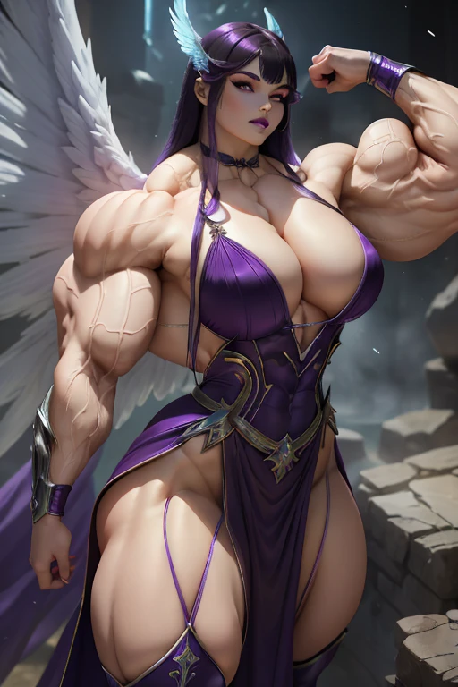 (Close-up), tall, (violet purple hair) beautiful muscular woman, long hair with long bangs, pale white skinned, closed smile, (black lipstick), ((massive muscles)), (hyper muscle), ((ginormous bulky muscles)), (glowing white eyes), (sparkling violet cheongsam dress, long skirt), (giant angel wings), gauntlets, choker, thigh high boots, (carrying thunder in the Sky)