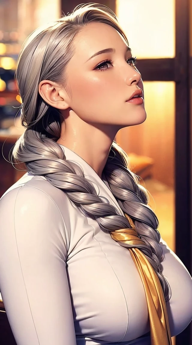 Highest quality, masterpiece,Gray Hair, Golden Eyes,White clothes, look up, Upper Body,hair,Fair skin,Side braid