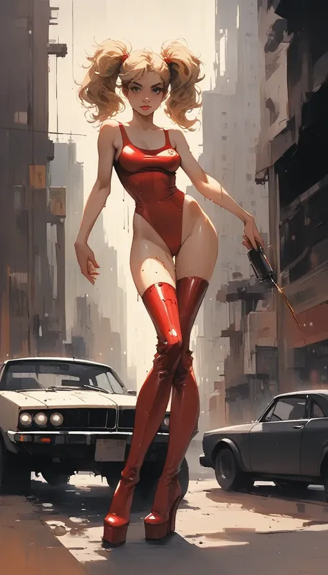 future sexy asian blonde girl with twin-tails in a futuristic city.1.5, rusty metal city, lots of details, cars, buildings, bill...