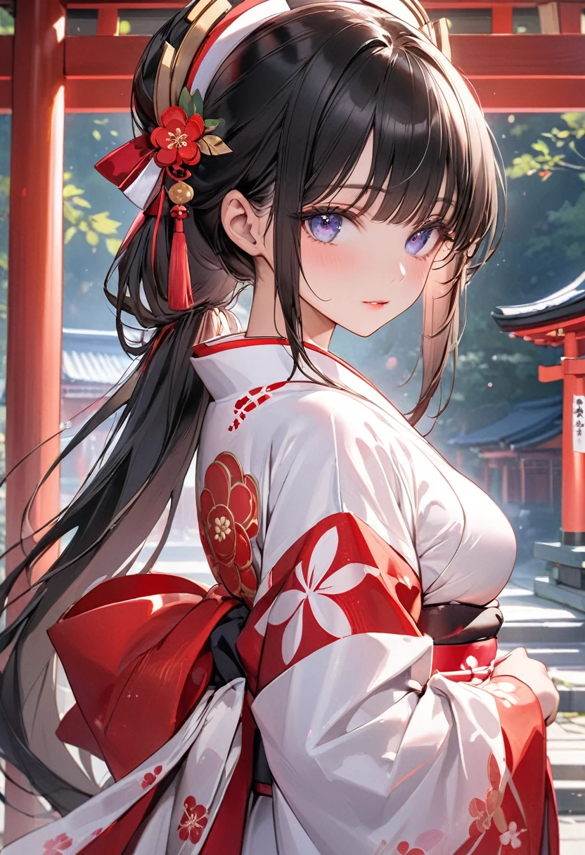 ((Highest quality))、((masterpiece))、(detailed)、((Anatomically correct))、One Woman、aldult、(look at me)、whole body、(Ultra-glossy skin with attention to detail:1.1)、Glowing Skin、bangs、Semi-long hair、Shiny black hair、Low Ponytail、(Beautiful Eyes:1.3)、Slim figure、medium breasts、Japanese Shrine Maiden、Miko costume、shrine