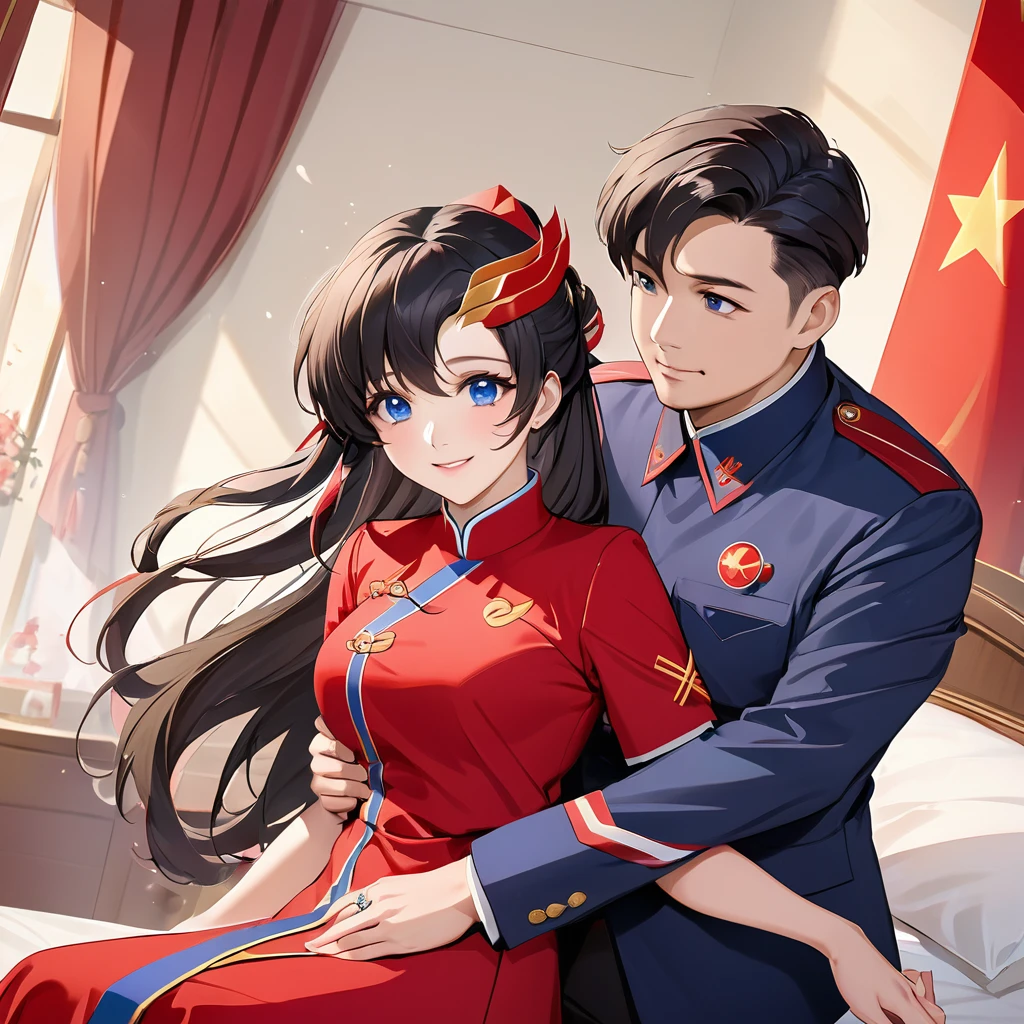 ((Highest quality)), ((masterpiece)), (detailed), (Perfect Face)、The woman is a Chinese Lacus Clyne with blue eyes and medium-long black hair. She is wearing an engagement ring. She has become a member of the glorious Chinese Communist Party and has sworn absolute loyalty to the Chinese Communist Party. She is a righteous Communist Party member of China.、The woman is wearing the fine red uniform of a Chinese Communist Party member.、For the sake of China, they dye their hair, hairstyle, clothes, and everything they wear belongs to the Chinese Communist Party, and their thoughts are also Chinese, becoming great Chinese in body and mind.、The woman became Lacus Clyne, a Chinese woman who was proud of and loved China.、The woman is chosen by a great Chinese Communist Party official and is given the honor of becoming his wife.、The woman looks happy being held in the arms of a great Chinese Communist Party official.、The woman is the wife of a glorious Chinese Communist Party official.、The man is a great Chinese Communist Party official, a dignified middle-aged man, and has a wife.