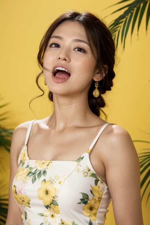 Medium Size Display, Medium Shot, Written boundary depth, bust, Upper Body, Movie angle, masterpiece, Highest quality, Very detailed, CG, 8k wallpaper, Beautiful Face, Delicate eyes, Otome, alone, lol顔, (((((Open your mouth))))), Lemon Yellow Dress, lol、Floral Background