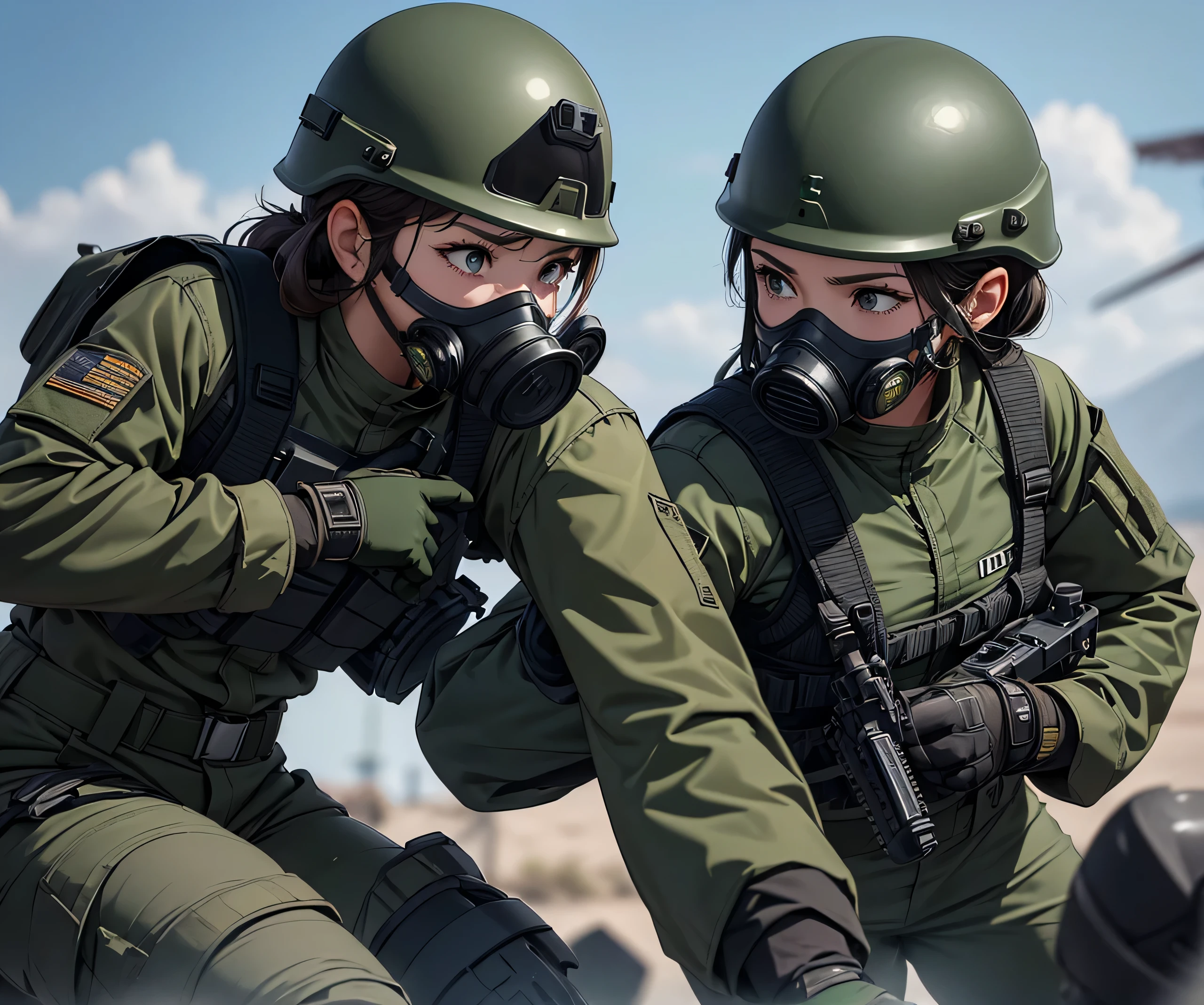 A group of female special forces soldiers wearing dark green military uniforms、Wear a steel helmet、Wear goggles、wearing gas masks、Knee pads、Unarmed Combat、Frontal attack、Write details,、masterpiece,、best quality,、Highly detailed CG、8K quality