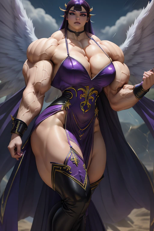 (Close-up), tall, (violet purple hair) beautiful muscular woman, long hair with long bangs, pale white skinned, closed smile, (black lipstick), ((massive muscles)), (hyper muscle), ((ginormous bulky muscles)), (glowing white eyes), (sparkling violet cheongsam dress, long skirt), (giant angel wings), gauntlets, choker, thigh high boots, (carrying thunder in the Sky)