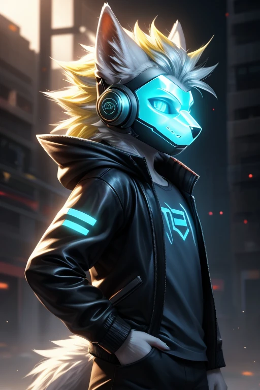 Young werewolf, white fur, wearing a black jacket with neon details, sporting a cybernetic mask, with gamer headphones, profile picture, Close-up on the facehigh quality, digital art, drawing, HD 4k fotorealistisch, ((clear structural details)), Meticulous and realistic, Detailed eyes, (Turquoise blue pupils), ((Silvery-white glowing eyes)), Evil smile, Smile, slenderness, soft, 4K, Excellent quality, high detal, Detailed fur, ((The tail is in the right place) ，Light blue shirt。Two ears，Yellow Hair，whole body，Standing

