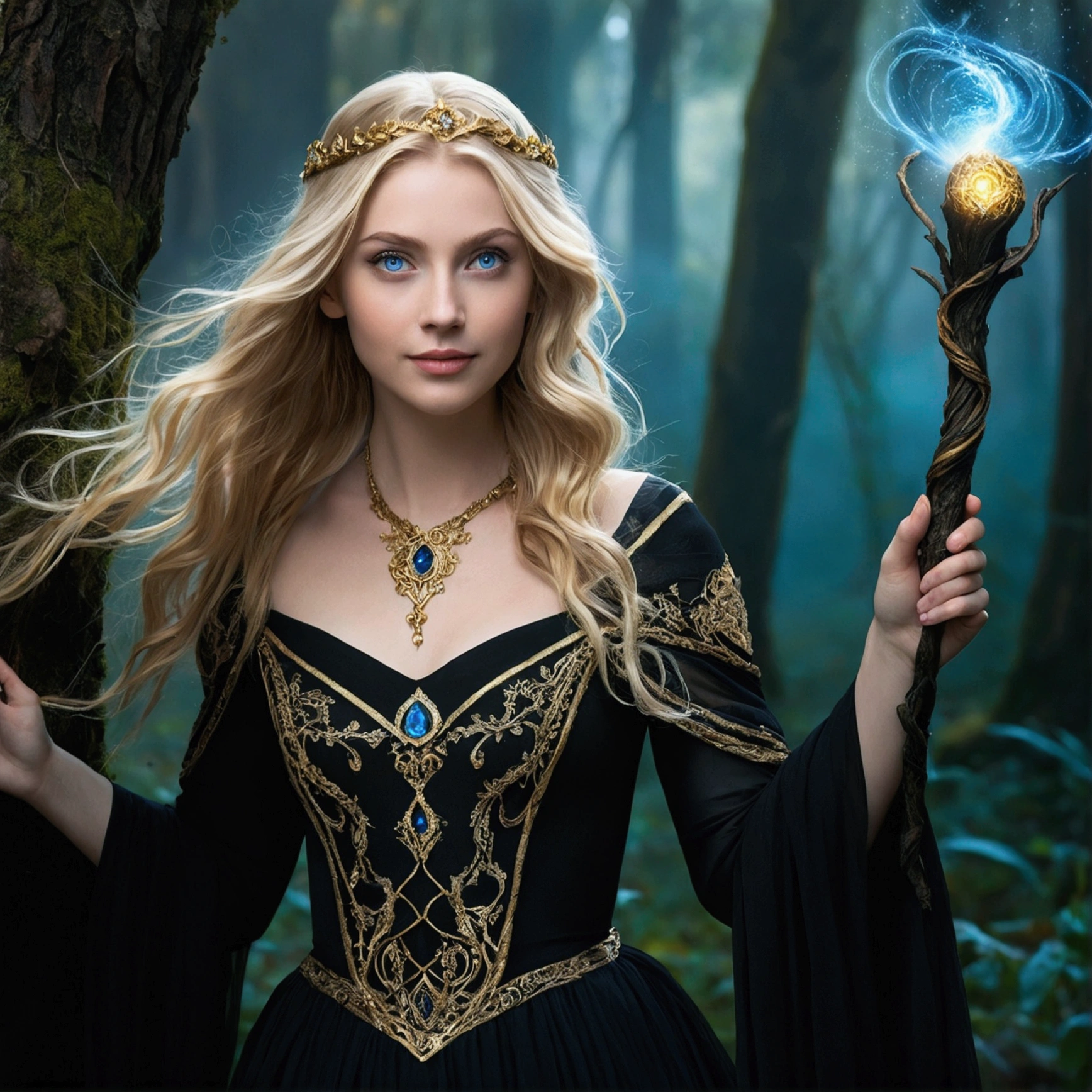 Imagine Anna, 25 years old, as a powerful sorceress, wearing a black dress with intricate gold embroidery. She has long, flowing blonde hair and carries a magical staff. She has big blue eyes, a straight nose, and full lips curved in a playful smile. The background is a dark, mysterious forest with swirling mist, glowing eyes in the shadows, and ancient trees with twisted branches. 