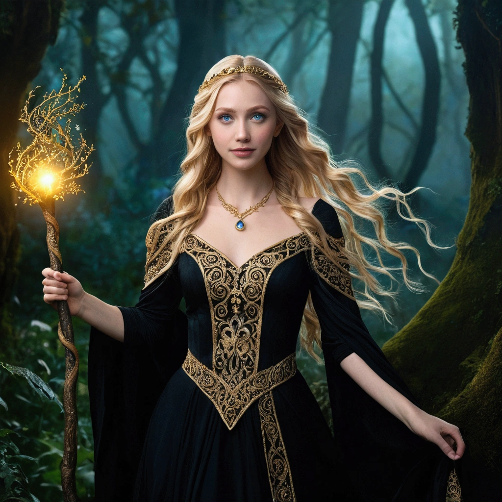 Imagine Anna, 25 years old, as a powerful sorceress, wearing a black dress with intricate gold embroidery. She has long, flowing blonde hair and carries a magical staff. She has big blue eyes, a straight nose, and full lips curved in a playful smile. The background is a dark, mysterious forest with swirling mist, glowing eyes in the shadows, and ancient trees with twisted branches. 