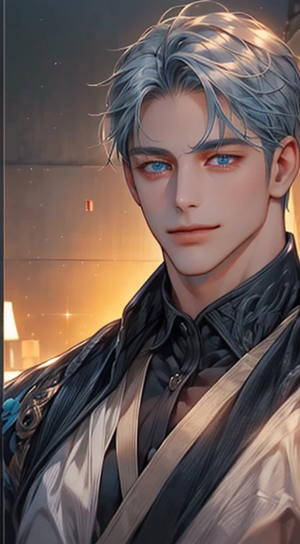 (best quality,4k,8k,highres,masterpiece:1.2),ultra-detailed,(realistic,photorealistic,photo-realistic:1.37),1 man,31 years old,mature man,very handsome,without expression,smile,short grey blue hair,blue eyes,penetrating gaze,perfect face without errors,imposing posture,businessman,office background,cinematic lighting,hdr image