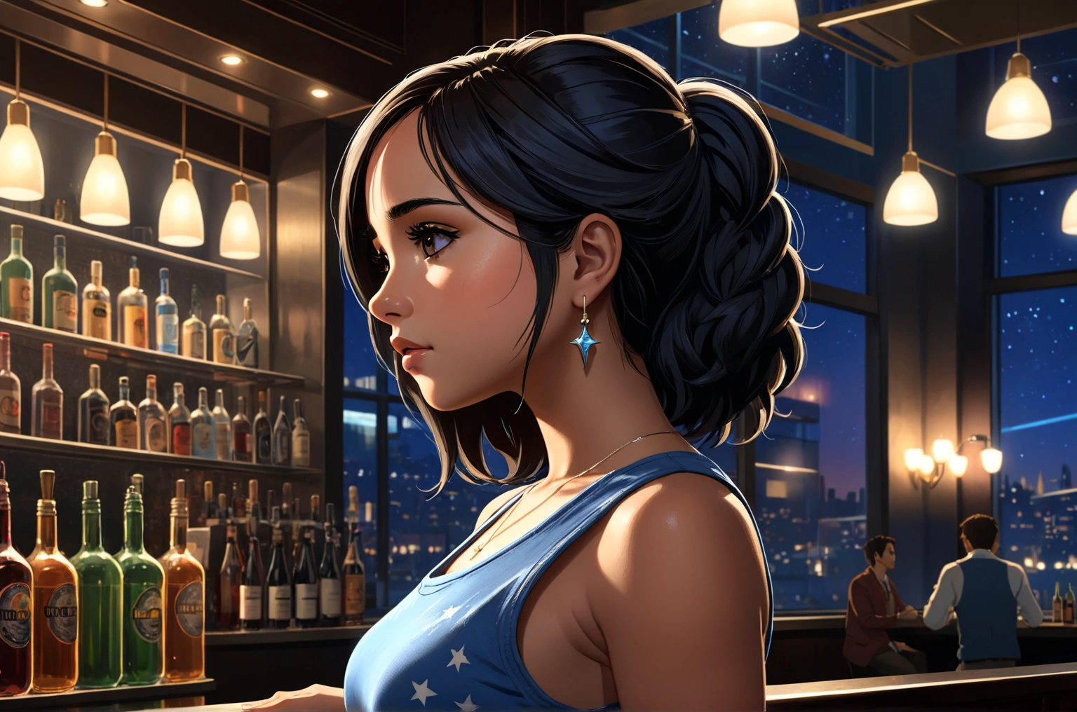 Uses Makoto Shinkai's depiction perfectly,Cher Lloyd's portrait,8k 4k masterpiece photo ,London,A jazz bar with a glass ceiling,The twinkling stars can be seen through the glass windows.,It's a dark night outside,Jazz is playing,Close-up of profile,Beautiful in profile,Semi-long hair,Look in a different direction,Standing alone at the counter,Tight fitting blue tank top,Bust is medium,