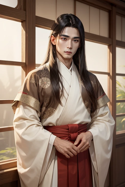 masterpiece, Best Quality, Perfect mix, Exquisitely detailed, 1 chico, by the wide, straight hair, brown eyes, Danfeng Eyes, wearing ancient Japanese white clothes.