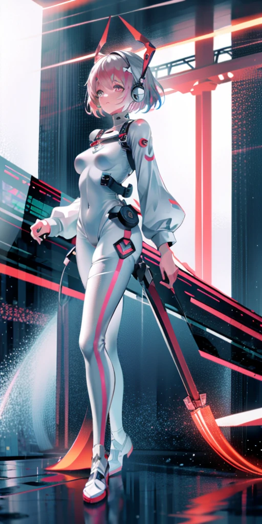 （Best quality：1.2），1 girl，Alone，permanent_，Ayanami Rei，White jumpsuit，Red Eyes，Pilot suits，short hair，Blue Hair，Bangs，Interface Headphones，turtleneck sweater，Hair between the eyes，Pixelated background，Neon lights，Sci-fi color scheme，Vibrant colors，Metallic，Detailed shadows，Holographic interface，Dark atmosphere，High contrast，Clear focus，A strand of hair，shiny reflective surfaces，Exquisite details，high resolution，Studio Lighting，Red embellishment，Lighting environment，Artificial intelligence assistant