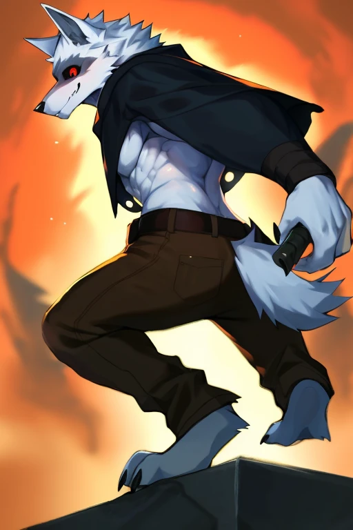 death wolf, 
best qualityer, high nothing, Masterpiece artwork, by kiyosan, (por null-ghost:0.5), 
solo, detailedeyes, volume illumination, fine-details, fully body, Action Pose, layer, (missiles: 0.9), black layer, poncho, poncho therefore,saruel marrom, brown saruel pants
white hair, Eyes red, black sclera, 
muscular, natta, detailed back ground, beco,