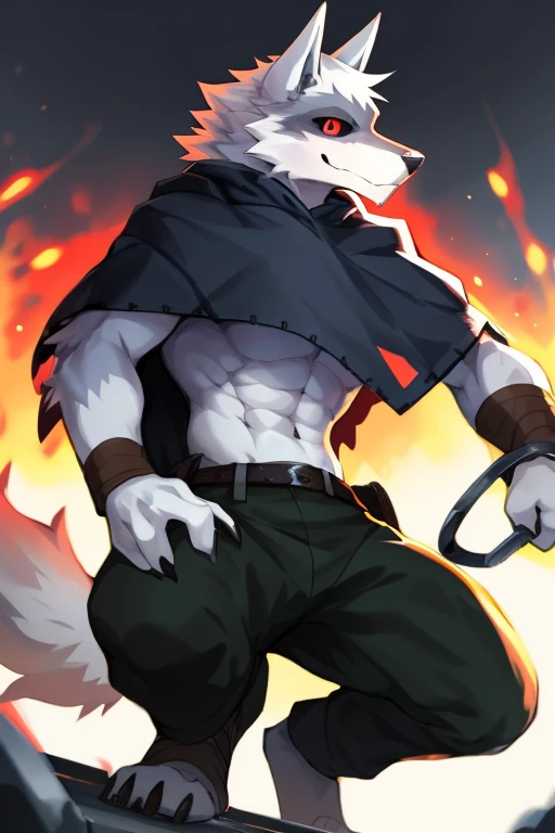 (((by fluff-kevlar, by Zackary911, by Kenket, by Kilinah))), solo male ((Kobold antrum, extremely detailed, extremely detailed legs, extremely detailed arms, extremely detailed face, perfectly detailed eyes, perfectly detailed anatomy)), (detailed kobold)) wearing a long cloak, muscular abs, Kobold black horns, Kobold tail, messy white hair, (orange thigh highs), ((black micro-thong:fire_pattern_design_thong)), shirtless, front view, looking at the observer with a smile, perspective, finely detailed claws, punk style, adventure backpack, perfect drawn eyes, punk style spike bracelets and collars