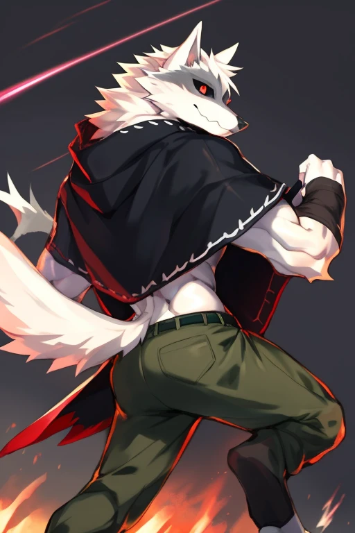 death wolf,
best qualityer, high nothing, Masterpiece artwork, by kiyosan, (por null-ghost:0.5),
solo, detailedeyes, volume illumination, fine-details, fully body, Action Pose, layer, (missiles: 0.9), black layer, poncho, poncho therefore,saruel marrom, brown saruel pants
white hair, Eyes red, black sclera,
muscular, natta, detailed back ground, beco,
