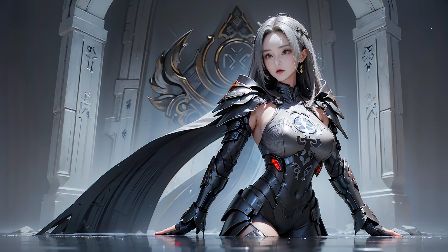 masterpiece,Game Art,Best picture quality,Maximum resolution,8K,(Upper Body),Unreal Engine 5 rendering works,(Digital Photography),((Upper BodyFeature:1.5)), 20 year old girl,Short hair details,Long bangs,(The red eye makeup is carefully applied),(With long gray hair:1.4),(Large target, Full breasts),Elegance and nobility,Brave and charming, (Standing dynamic posture),(The future armor combines the characteristics of Chinese armor,hollow-carved design,Power Armor,Mysterious oriental runes,Exquisite clothing patterns,Magic Flash),Future Warrior,Cyberpunk Characters,War Background, light,Ray Tracing,Game CG,((3D Unreal Engine)),OC rendering reflection mode