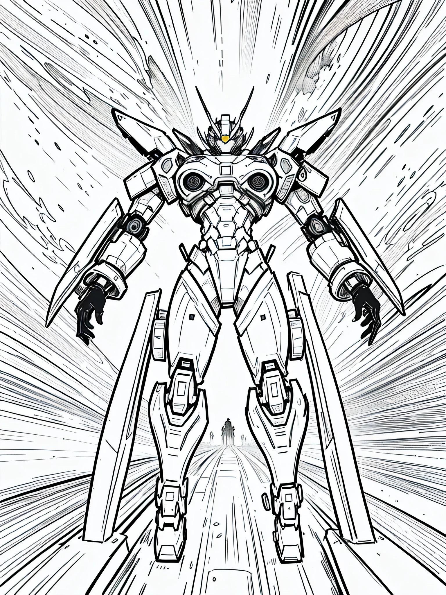 masterpiece, Best Quality, A mecha in a futuristic city, closeup Line art, monochrome, clean lines, black and white, his summer, coloring book page, medio cuerpo