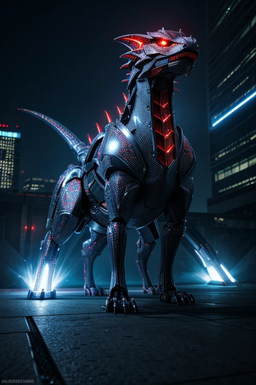 a futuristic robotic dragon, sleek metallic scales, glowing red eyes, sharp angular features, spitting vibrant blue flame, (best quality,4k,8k,highres,masterpiece:1.2),ultra-detailed,(realistic,photorealistic,photo-realistic:1.37),concept art,cinematic lighting,high quality,intricate details,digital art,3d render,hard surface design,machinery,mechanical,futuristic technology,dynamic pose