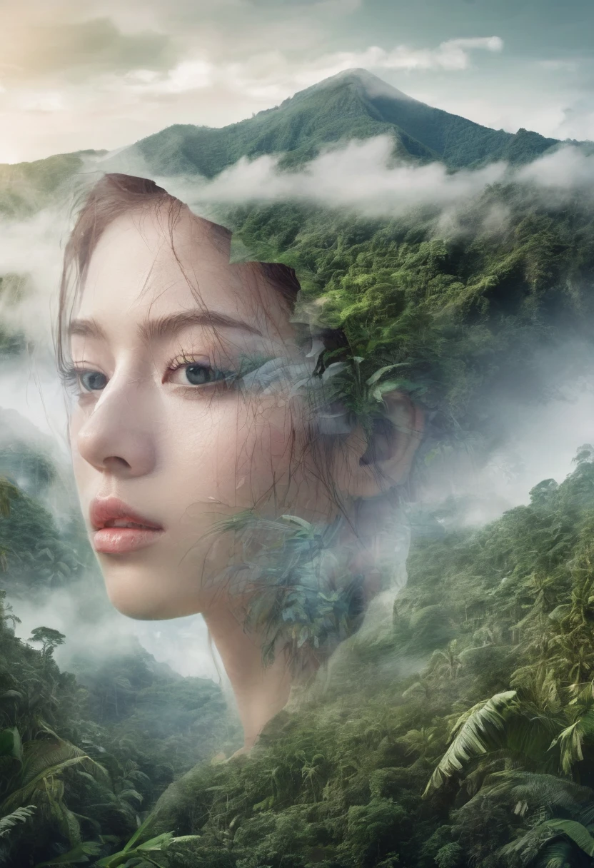 Dubrec style, Girl more transparent face, side view, more close-up, beautiful close-up of transparent and faded face, Dense Jungle Mountains with waterfall image foreground (multiple exposure：1.8），Complex illustrations in surrealist art style, Surreal dreams. woman with beautiful eyes, should be side view, detailed lips, and long eyelashes, surrounded by lush jungle mountains in the foreground, multiple exposure effect, complex surrealist style illustration, surreal dreamlike atmosphere, cinematic lighting, highly detailed, hyper realistic, 8k, masterpiece, Dubrec style，Girl transparent face close-up，Beautiful close-up of face，Jungle Mountains image foreground (multiple exposure：1.8），Complex illustrations in surrealist art style，Surreal dreams
