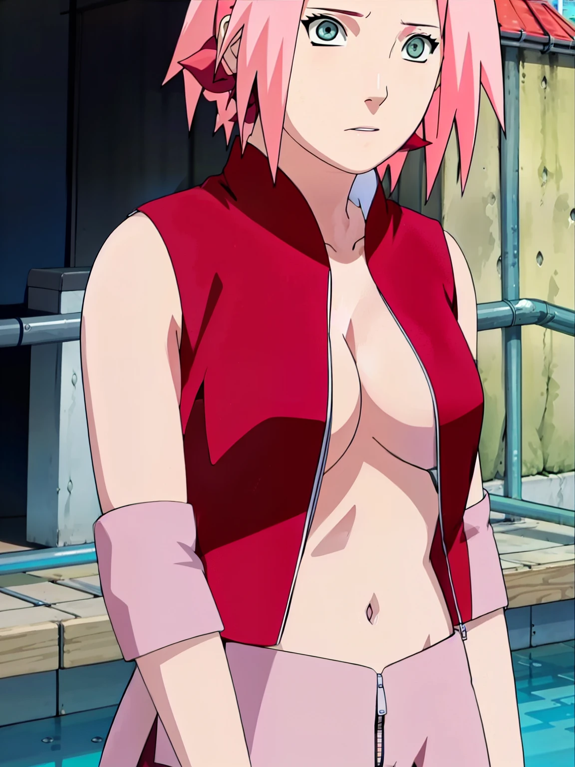 Sakura Haruno open blouse open zipper ripped blouse open shirt ripped shirt showing sexy chest and belly.