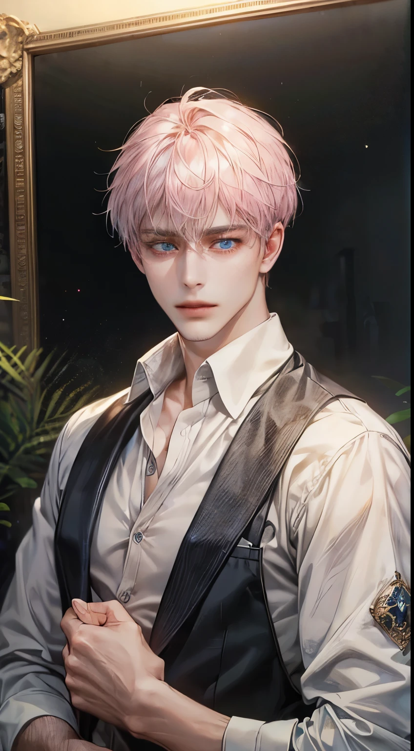 a 19 year old man with pink hair and violet eyes, with elegant clothes of a soldier of the king, has freckles on his face and pointed ears, tall and muscular he is seducing a boy with blond hair, almost white, with blue eyes, a little lower than him. and is also thin. medieval --auto --s2