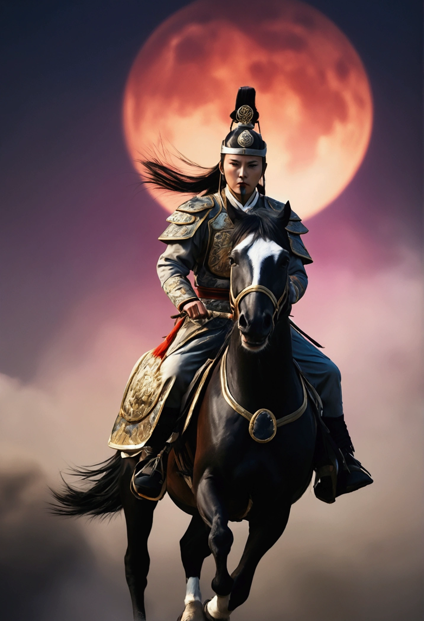 Ancient Chinese generals on the battlefield，Starry sky and fog cover the landscape.Rich historical background. (Highest quality,4K,8k,High resolution,masterpiece:1.2), Very detailed, (Realistic,Realistic,Photorealistic:1.37), High resolution, Hyper HD, Studio Lighting, Ultra-fine painting, Sharp focus, Physically Based Rendering, Very detailed説明, Professional, Vibrant colors, Bokeh, Sports Late, Ancient War Landscapes, Traditional Chinese Painting Techniques, Atmospheric lighting, Dynamic Pose, Complex combat scenarios, Vivid color contrast, Visually stunning composition, Ethereal atmosphere, heroism. Black and White