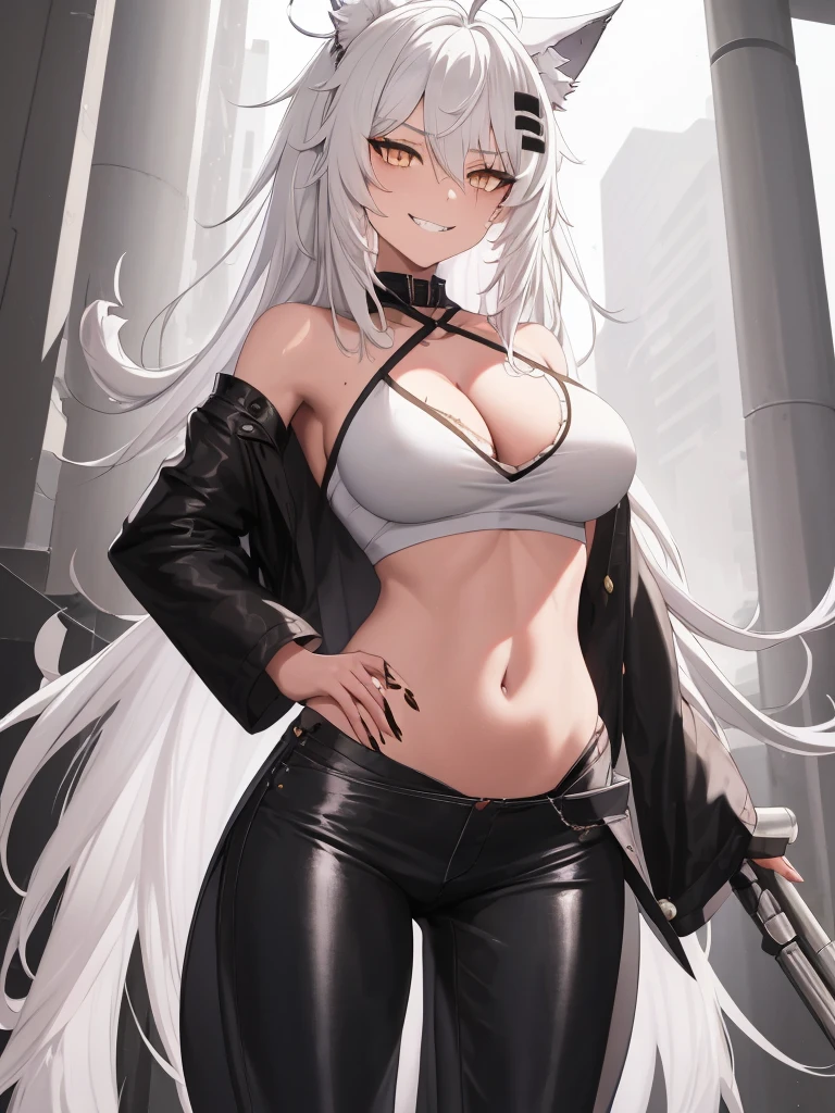 best quality, masterpiece, highres, solo character, solo, animal_ears, wolf_ears, long_hair, scar, bangs, scar_across_eye, hair_ornament, hairclip, scar_on_face, hair_between_eyes, grey_eyes, smile, grey_hair, white_hair, upper_body, Anime art, tall anime woman. muscular body, (((dirty white hair messy hair))), Amber Orange eyes, white loose Tube top, cleavage, exposed belly skin, (((black long skinny pants))), black combat boots, white tail and cat ears, ultra high detail face, ultra high detail eyes, evil grin expression. hands on hips pose, looking at viewer. mechanic workshop background. super high detail eyes, very detailed eyes.