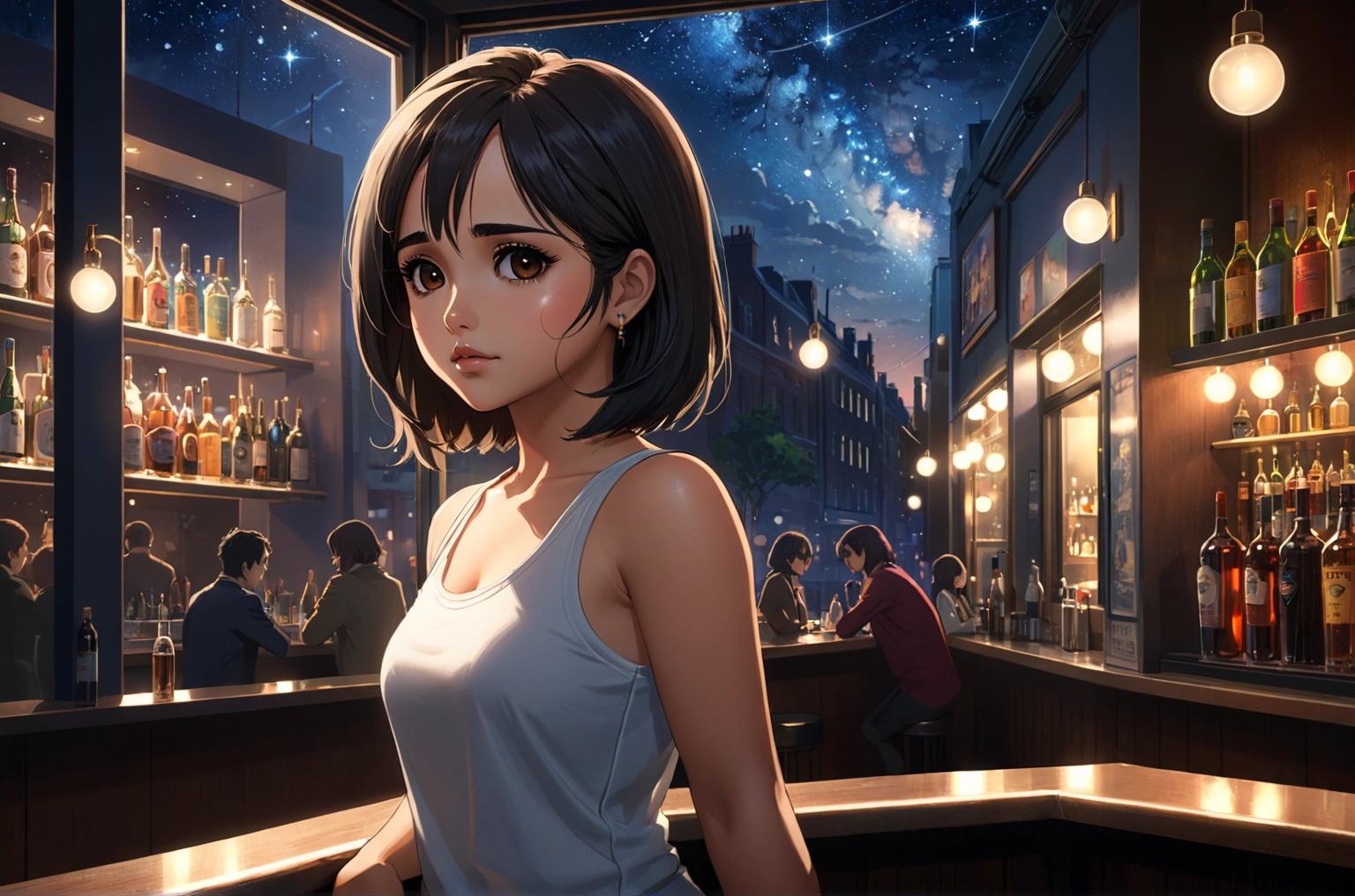 Uses Makoto Shinkai's depiction perfectly,Portrait of Becky G,8k 4k masterpiece photo ,London,A jazz bar with a glass ceiling,The twinkling stars can be seen through the glass windows.,It's a dark night outside,Jazz is playing,profile,profileが美しい,Semi-long hair,Look in a different direction,Standing alone at the counter,A tight-fitting, light-colored tank top,Bust is larger