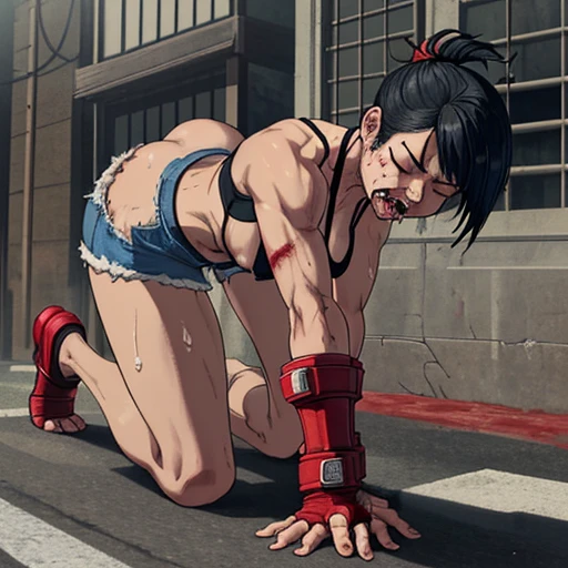 a male streetfighter is standing behind her. a bloody beautiful Japanese female streetfighter is beated down in the backstreet. Blood is dripping from her nose. She is covered in scars and bruises. She's on all fours. she is damaged terribry. she was defeated. she lost the fight. she was knocked out. Short-cut black hair, out of breath, drooling from mouth, crying, exhausted, drenched in sweat. one eye closed, Erect nipples. open finger glove. denim shorts, sports-bra