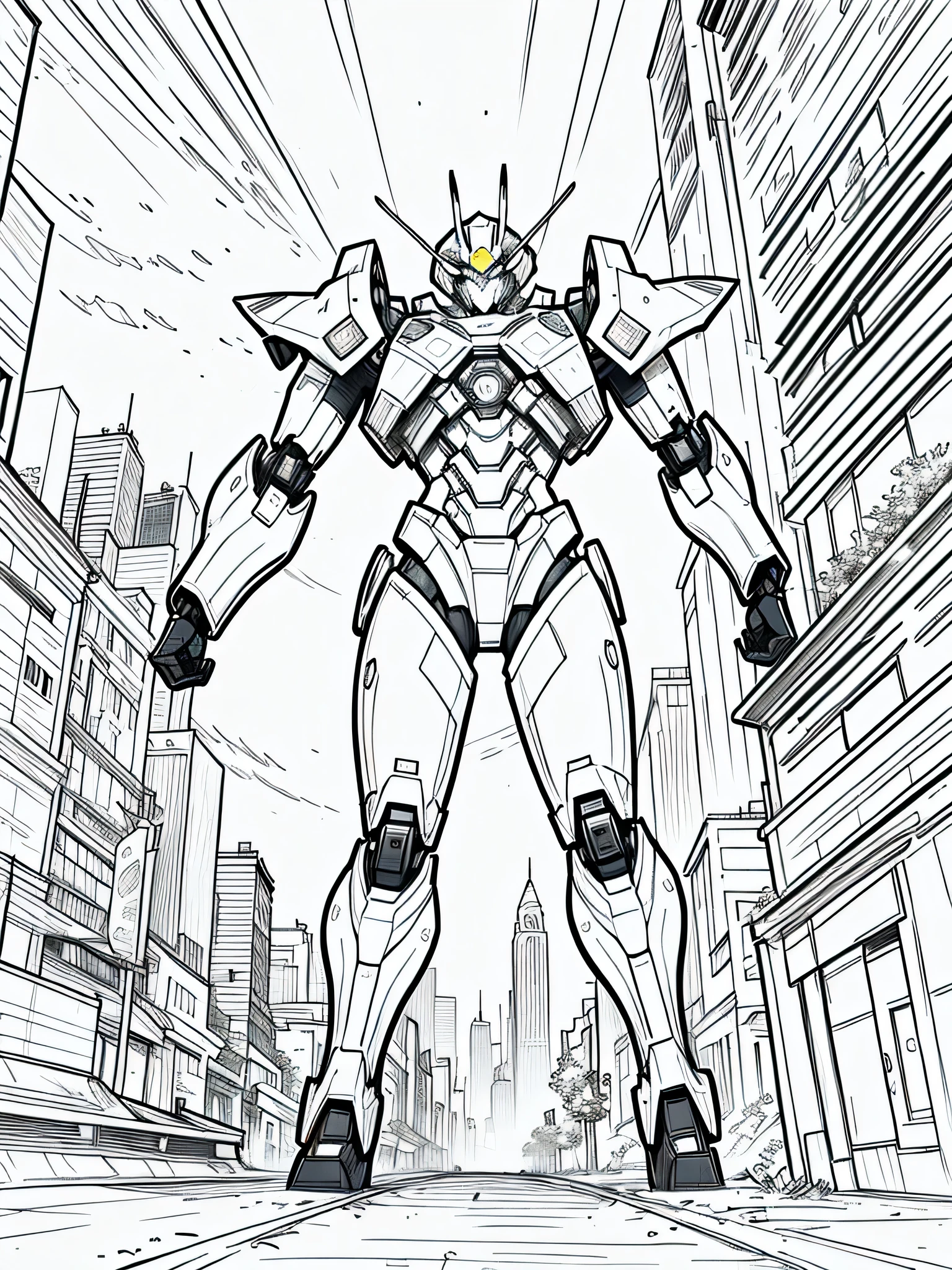 masterpiece, Best Quality, A mecha in a futuristic city, closeup Line art, monochrome, clean lines, black and white, his summer, coloring book page,   medio cuerpo 