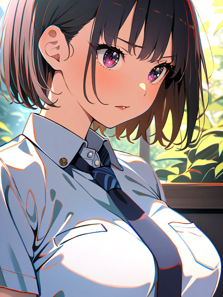 1girl,(Short black hair),(Black eyes),(Big breasts),(School clothes}،(women's stockings),(Red cheeks),(masterpiece:1.5), (8k details:1.3), (unlimited details:1.2), (best eyes:1.4), (ultra clothes details:1.3), (highly detailed background), (vibrant colors), (dynamic lighting), (realistic skin texture), (intricate patterns), (sharp focus), (full-body view), (natural poses), (expressive emotions), (cinematic composition)