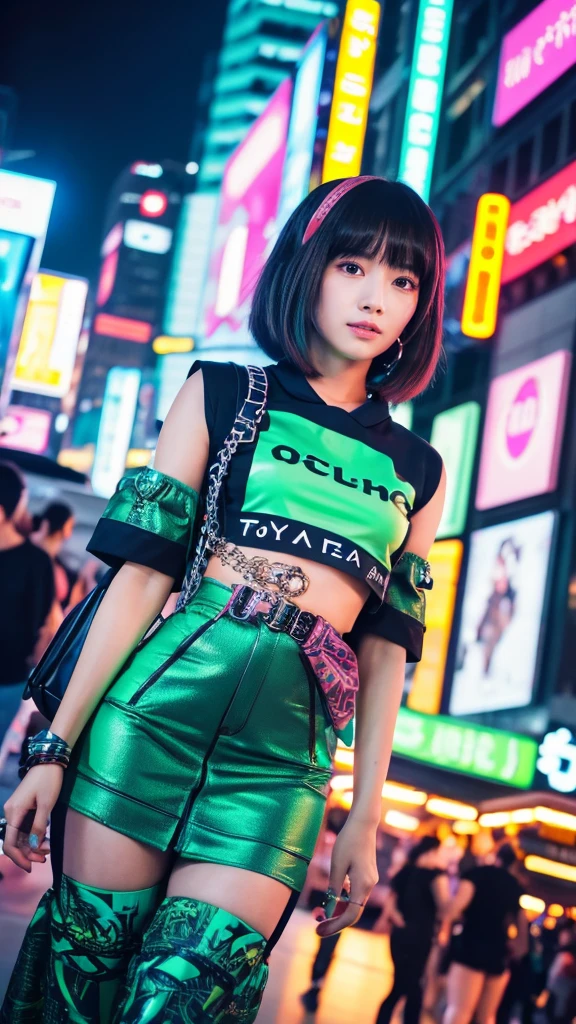 Masterpiece, Top quality, Wearing unique Harajuku style clothing, Mint green stands out, Bold colors and patterns, Eye-catching accessories, Trendy and innovative hairstyle, Bright makeup, Dazzling cyberpunk cityscape, Skyscrapers, Neon signs, LED lights, Bright and vibrant color scheme, Anime, Shape, Finely textured skin, High quality fabrics, Intricate details, Extremely detailed, Low angle, Full body, Vision (Look away: 1.4), Dynamic pose, Short hair,