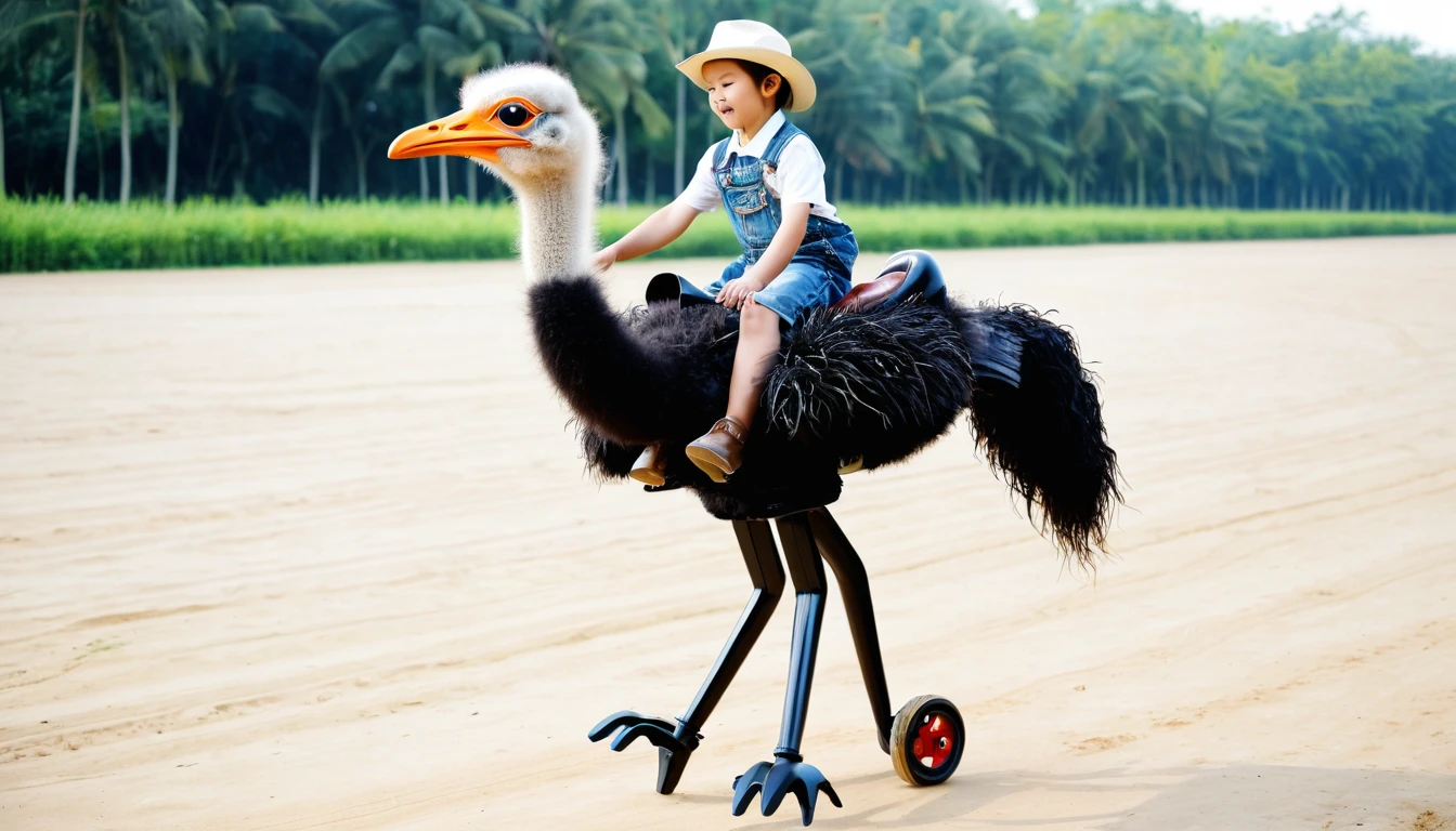 ((Top Quality)), ((Masterpiece)), Mechanical Ostrich, a children riding, field