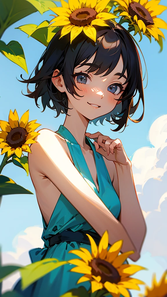  master piece, best quality, for below, cinematic angle, upper body , pigeon toed,  
Anime-style Moe illustration, summer vacation theme, 20-year-old 4womans holding a bouquet of sunflowers, short hair, 
naked, slightly inner thighs, smile, accurate drawing, Active pose,