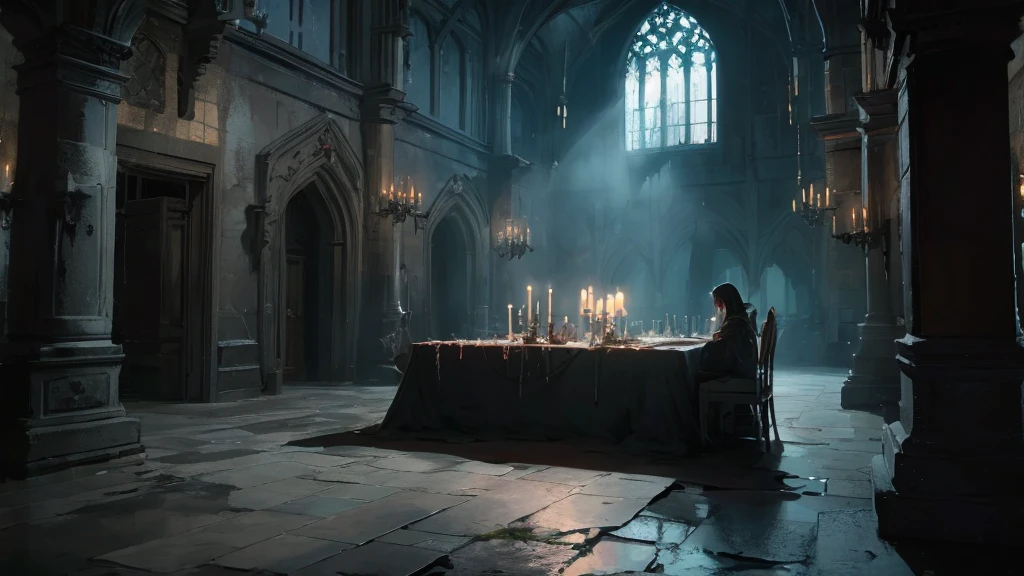 decaying castle, an enormous dining hall lay cloaked in shadow and silence. The room, with its high, vaulted ceilings and towering, grim-faced gargoyles, was dominated by a long, imposing table made of dark, weathered oak. The table stretched endlessly, its surface barren save for a single, flickering candelabrum at the far end, casting a wavering glow over the desolate scene.
Seated at the head of the table was a solitary , his small frame dwarfed by the grand, intricately carved chair that had once seated kings and noblemen. The child’s eyes, wide and glistening with a mixture of fear and curiosity, were fixed on the empty expanse before him. Shadows danced across his pale face, accentuating the gauntness of his cheeks and the dark circles beneath his eyes.
The vastness of the hall amplified every sound, from the distant echo of dripping water to the soft rustle of tattered banners that hung from the walls, their once vibrant colors now faded and threadbare. Cobwebs adorned the corners and crevices, whispering secrets of years gone by. The air was thick with the scent of damp stone and forgotten memories, a palpable weight that pressed down on the room's lone occupant.
The candlelight flickered, casting eerie, shifting shapes on the cold, stone walls. The child's small hands, resting on the table’s edge, were stained with soot, a silent testament to the hours spent exploring the castle's dark, forgotten corners. A single plate lay before him, empty and cold, a stark reminder of the banquet that once was, now replaced by a haunting emptiness.
In this forsaken hall, the sat in a bubble of isolation, surrounded by the ghosts of a forgotten era. The flickering candelabrum cast a dim halo around him, a fragile barrier against the encroaching darkness. The room held its breath, the oppressive silence punctuated only by the occasional creak of ancient wood and the distant howl of the wind through broken windows. Here, in this medieval dark fantasy setting,